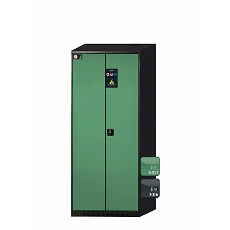 Armoire avec double porte verte, cadre noir, échantillons de couleurs RAL 6011 et 7016. Avertissement.