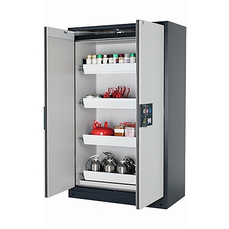 Armoire grise ouverte avec tiroirs remplis de matériel de laboratoire : bouteilles, bocaux, boules rouges.