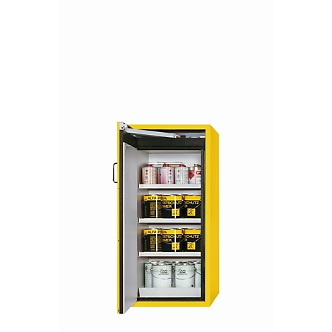 Armoire jaune avec une porte ouverte, remplie de pots de peinture. Diverses couleurs sont sur les étagères. Une charnière noire est visible en haut à droite.