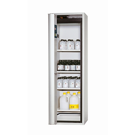 Armoire de laboratoire blanche ouverte avec des flacons de produits chimiques, sur fond blanc.