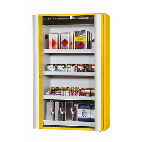 Armoire de sécurité jaune avec portes ouvertes. Elle contient des boîtes et des contenants avec des symboles de matières dangereuses.