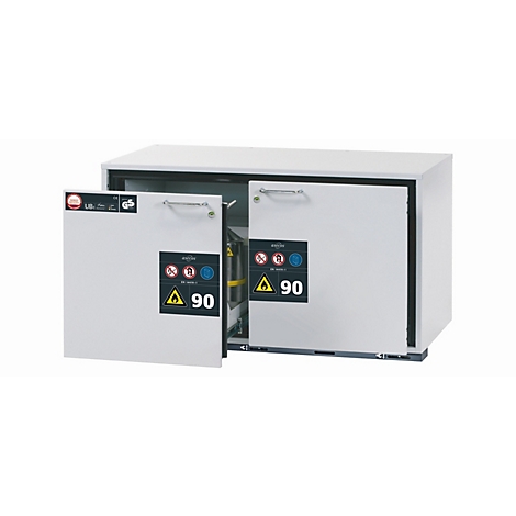 Une armoire blanche avec des portes ouvertes, révélant un intérieur avec des éléments jaunes. Des panneaux d'avertissement et le symbole '90' sont sur les portes.