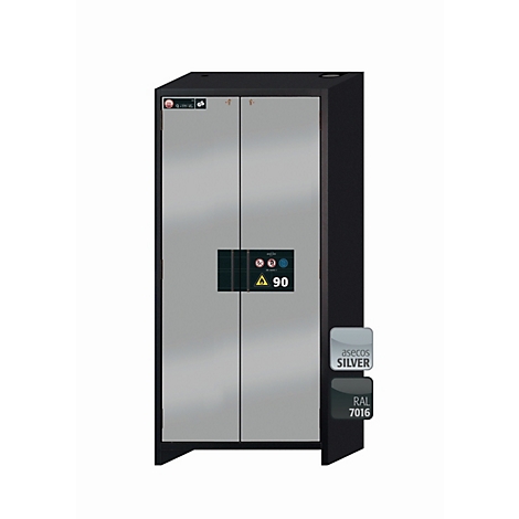 Armoire de sécurité gris-argent avec portes doubles, corps noir et panneau de contrôle. Autocollants : Asecos Silver, RAL 7016.