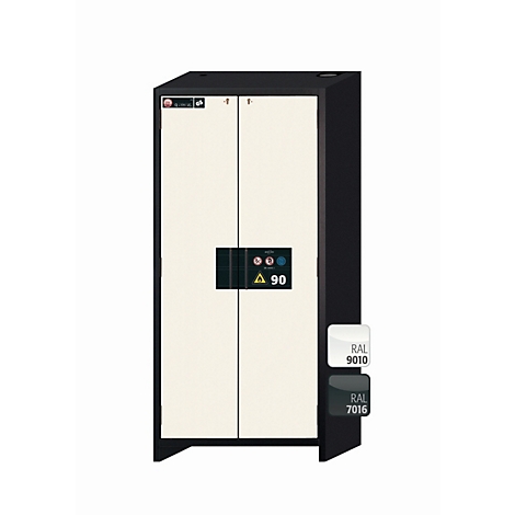 Armoire noire à deux portes avec portes beiges. Au milieu, un panneau de commande avec un symbole d'avertissement. Couleurs : RAL 9010 et RAL 7016.