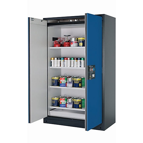 Armoire en acier bleu, portes ouvertes. Étagères avec boîtes et bouteilles de peinture, étiquetées 'ALFA FIT' et '90'.