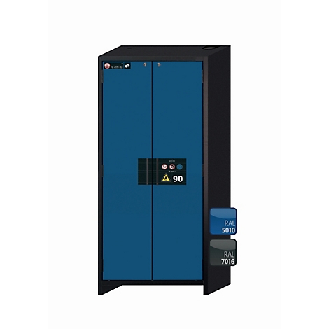 Armoire bleue à deux portes, cadre noir. En bas, des champs de couleur avec RAL 5010 et RAL 7016.