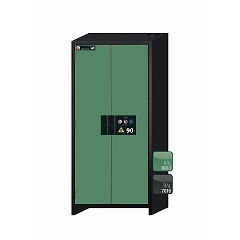 Armoire noire avec portes vertes, panneau de commande et couleurs RAL. Les portes sont divisées et montrent un symbole A90.