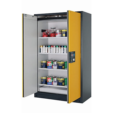 Armoire en acier jaune-gris avec portes ouvertes. À l'intérieur : peintures, pinceaux, appareils. Inscription « 90 ».