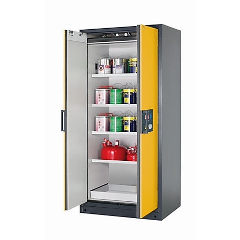 Armoire en acier ouverte, jaune et grise, avec des étagères remplies de boîtes et de conteneurs. Un affichage numérique sur la porte affiche le chiffre 90.