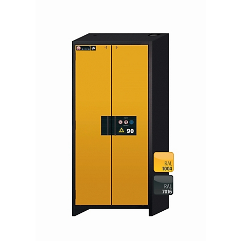 Armoire en acier jaune et noir avec portes doubles, affichage numérique et codes couleurs RAL 1004 et RAL 7016.