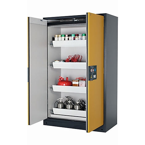 Une armoire de sécurité jaune-gris avec des portes ouvertes révèle du matériel de laboratoire sur plusieurs étagères.