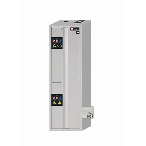 Armoire grise sur fond blanc. Autocollants avec symboles et "90". Désignation de la couleur : RAL 7035.