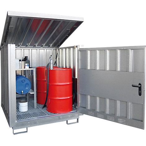 Conteneur métallique avec tonneau rouge et bleu, porte et couvercle ouverts.