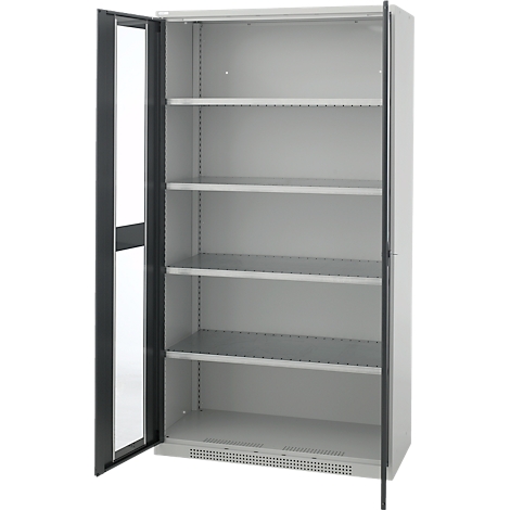 Une grande armoire métallique grise avec cinq étagères et une porte vitrée noire entrouverte.