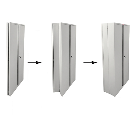 Armoire grise en cours d'ouverture. Des flèches indiquent le processus d'ouverture.