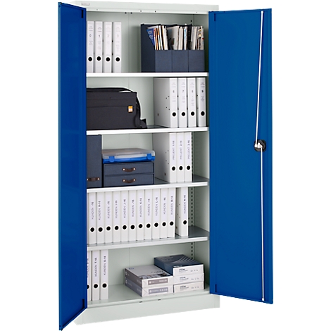 Armoire en acier bleu et blanc avec portes ouvertes, remplie de classeurs, de dossiers et d'une sacoche d'ordinateur portable.