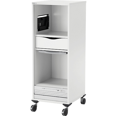 Chariot blanc avec tiroirs, étagère et support TV. Quatre roulettes, compartiments ouverts.