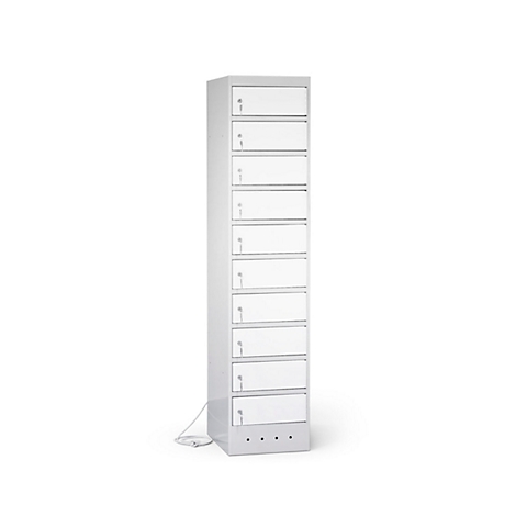 Un casier blanc avec dix compartiments, chacun avec une serrure. Un câble est posé sur le sol.