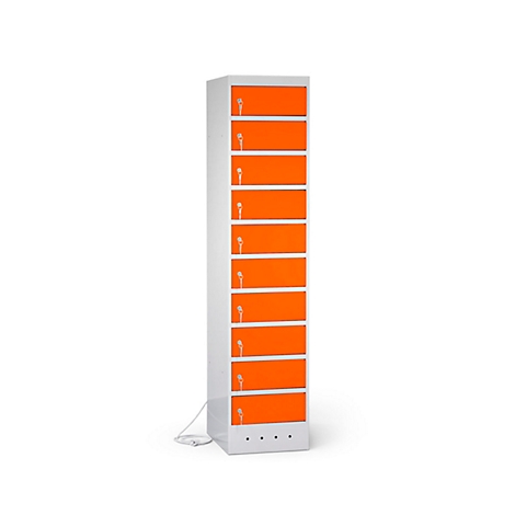 Armoire avec compartiments orange et boîtier blanc, câble d'alimentation.
