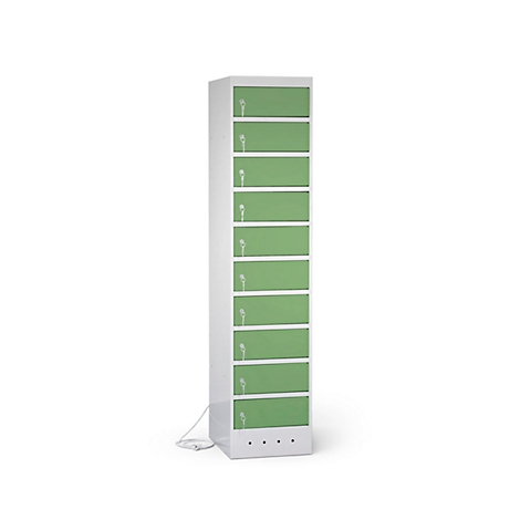 Un module d'armoire blanc et haut avec des portes vertes. Un pictogramme blanc est représenté sur chaque porte.
