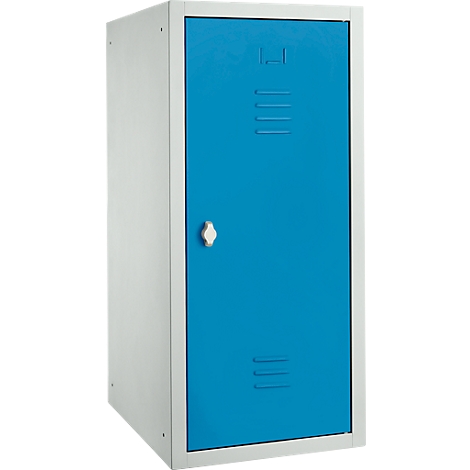 Casier avec porte bleue et poignée argentée. Le casier est debout, sur fond blanc.
