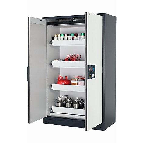 Une armoire de sécurité grise ouverte avec des tiroirs blancs remplis de divers conteneurs et équipements.