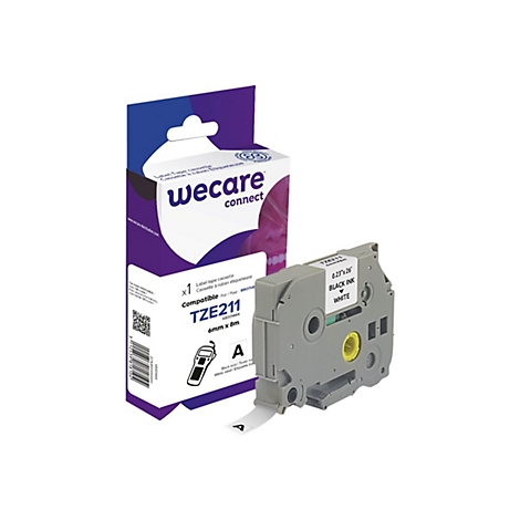 Cassette d'étiquettes grises avec texte noir sur ruban blanc, à côté d'un emballage avec le texte : "wecare connect".