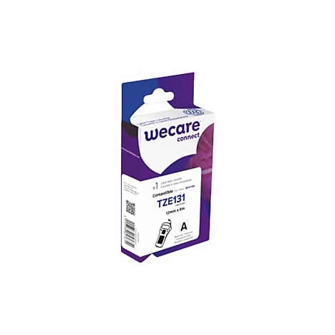 Emballage violet et blanc pour ruban d'étiquettes, avec l'inscription "wecare connect". Impressions comme "TZE131" et un code QR.