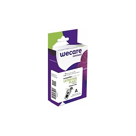 Produktverpackung von WeCare Connect Etiketten, kompatibel mit LetraTag Plast, 12mm x 4m, 2er-Pack.