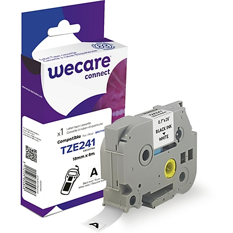 Graue Beschriftungskassette neben Verpackung mit Aufdruck 'wecare connect' und Produktinformationen.