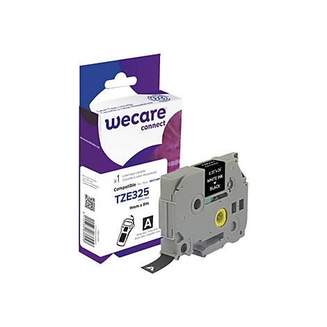 Kassettenband mit Beschriftung "wecare connect". Aufdrucke: "TZE325 9mm x 8m", "WHITE INK BLACK".