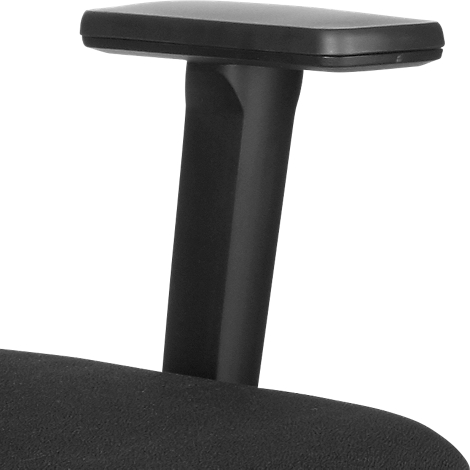 Black armrest of an office chair, detailed view against a white background.