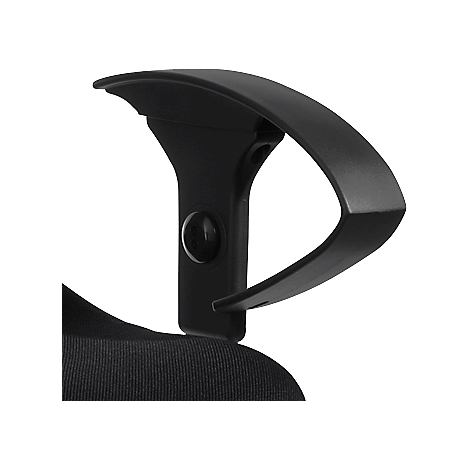 Close-up of a black plastic armrest with an ergonomic design.