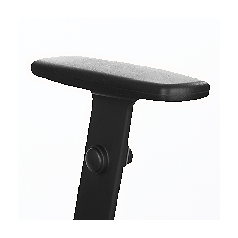 Close-up of an office chair armrest. It is black and has a padded surface.