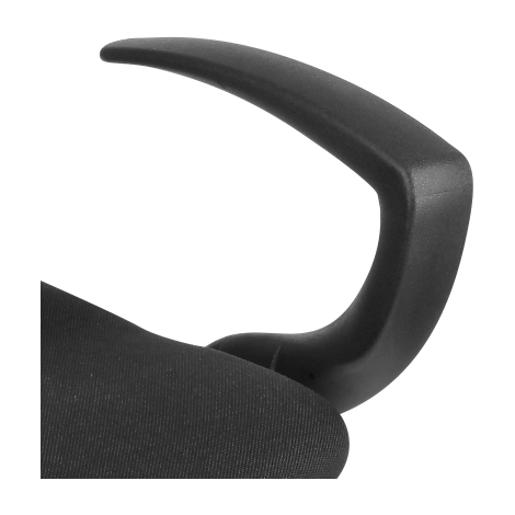 Close-up of a black armrest of an office chair. The armrest has a curved shape.