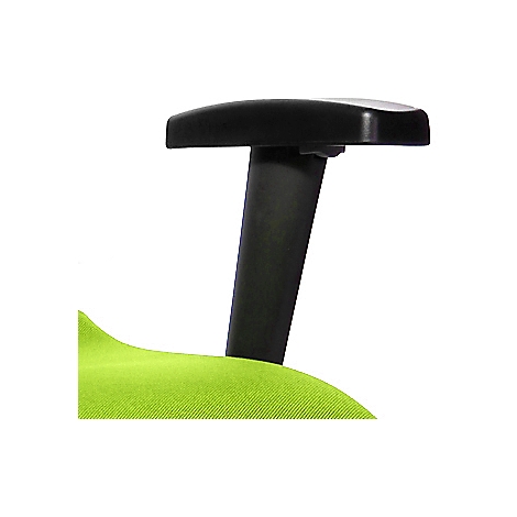 Close-up of a black armrest arm attached to a green chair seat.