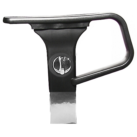 Black chair arm with handle, silver button and metallic base.