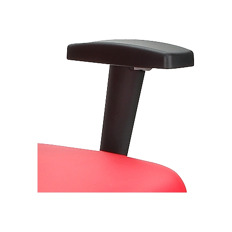 Close-up of an office chair armrest. Black armrest on red seat.