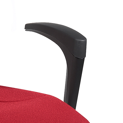 Close-up of a chair armrest. Black armrest on red seat, white background.