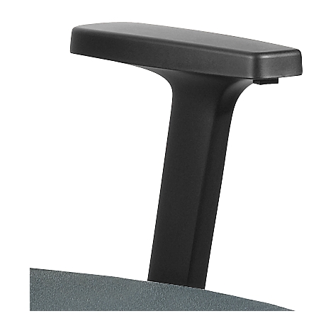 Close-up of a black armrest of an office chair attached to a padded gray seat.