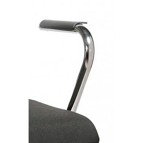 Close-up of an armrest: black upholstered part and metal frame that curves downwards in an elegant curve.