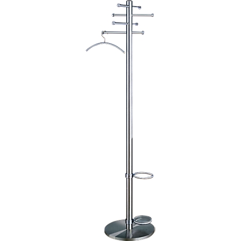 Silver coat rack with hooks, hanger and umbrella holder.
