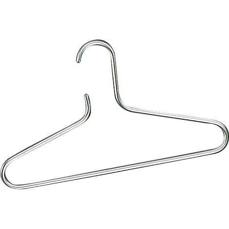 A metal clothes hanger, against a neutral background. The hanger has a typical shape with a hook and crossbar.
