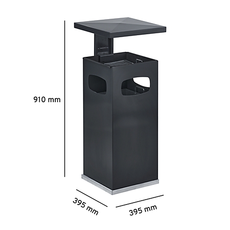 Zwarte, vierkante afvalbak met dak. Afmetingen: 910 mm hoog, 395 x 395 mm breed.