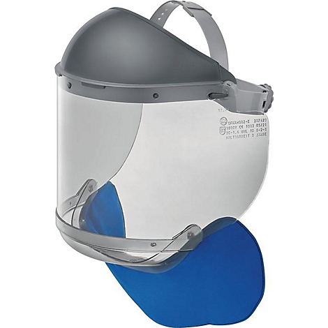 Gelaatsscherm met grijze helm en blauwe kinbeschermer. Transparante vizierplaat. Verstelbare hoofdband.