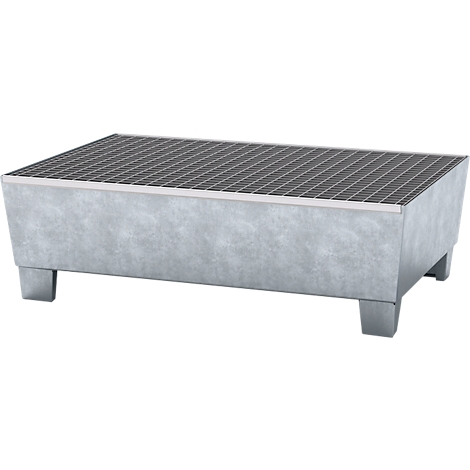 Gray rectangular drip pan with grating, standing on four legs.