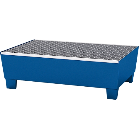 Blue painted spill pallet with grid. Rectangular, on short legs.