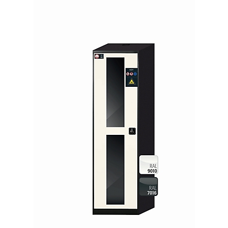 Armoire noire avec façade crème, fenêtres en verre et exemples de couleurs RAL 9010 & 7016.