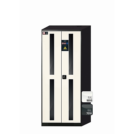 Armoire avec portes claires, accents noirs, fenêtres en verre, panneaux de sécurité. Comparaison de couleurs : RAL 9010, RAL 7016.