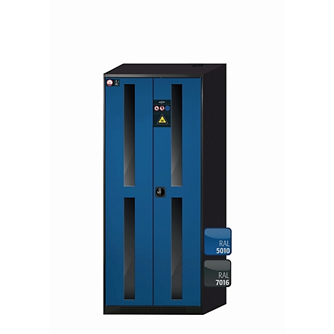 Armoire avec portes bleues, panneaux latéraux noirs, fenêtres en verre et panneau de commande. Variantes de couleurs RAL 5010 et 7016.